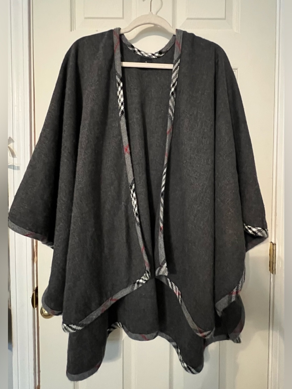 V. Fraas Gray Open Front Poncho with Plaid Trim